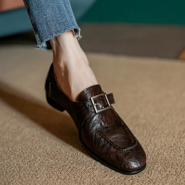 原创英伦小黑色女真皮2025年复古方头乐福鞋女粗跟单鞋英伦风