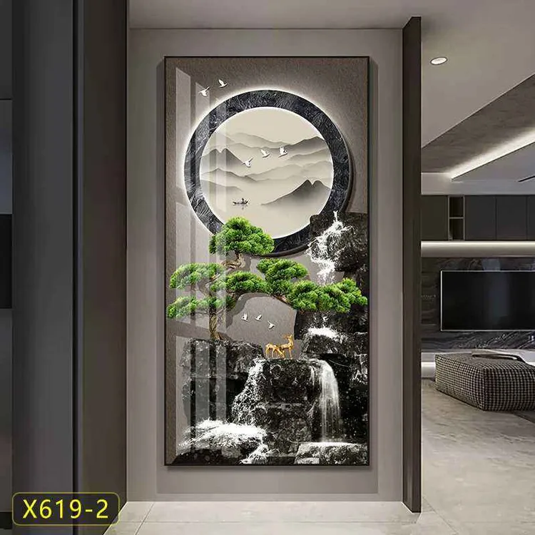 新中式竖版玄关立体装饰画走廊过道晶瓷镶钻大气挂画乔迁祝福画