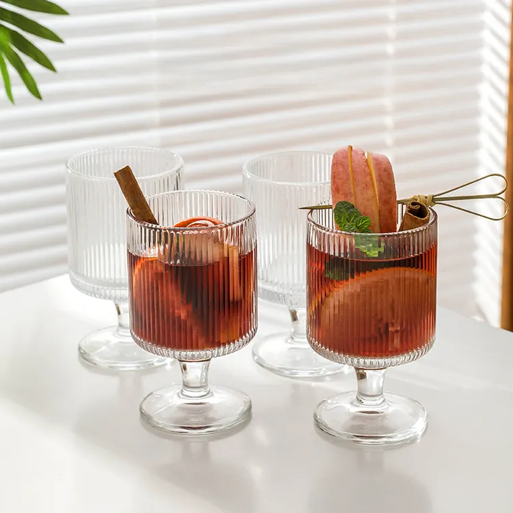 简约高颜值加厚竖纹玻璃杯咖啡果汁牛奶高脚杯子欧式家用果汁杯子