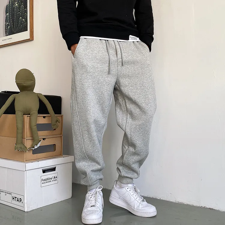 春秋季美式休闲痞帅高端灰色卫裤男宽松抽绳百搭高街运动束脚裤子