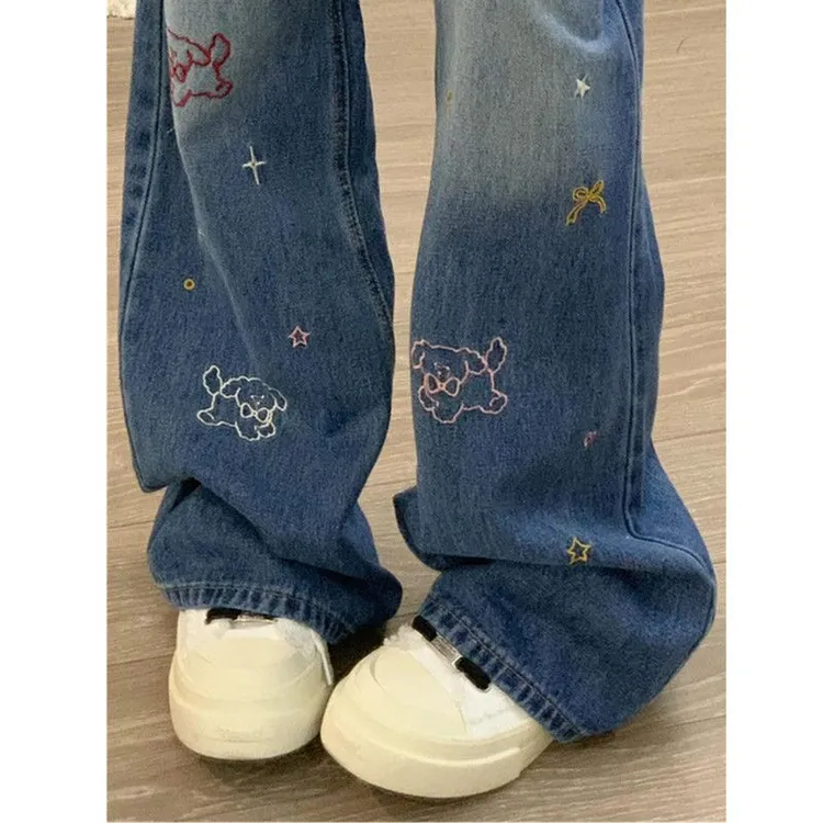 美式复古狗狗刺绣直筒牛仔裤女秋季新款小众设计感宽松阔腿喇叭裤