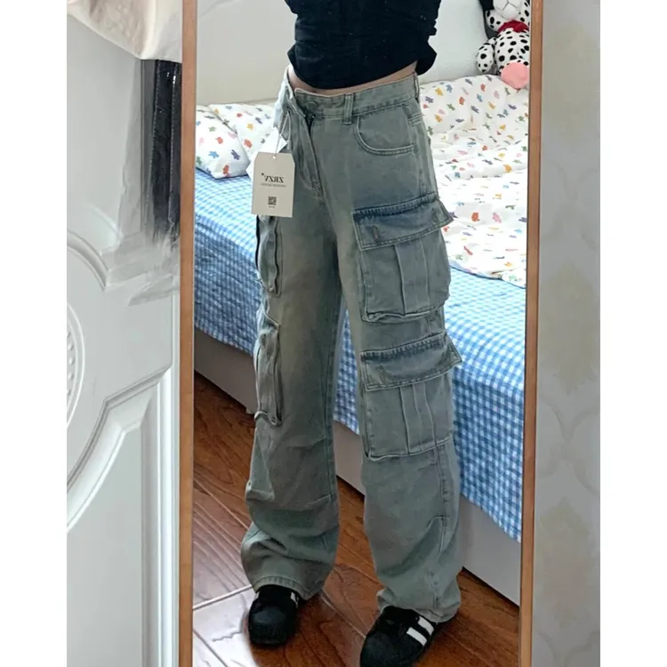 嘻哈学院风直筒工装裤女秋季水洗做旧法式ins高街口袋阔腿牛仔裤