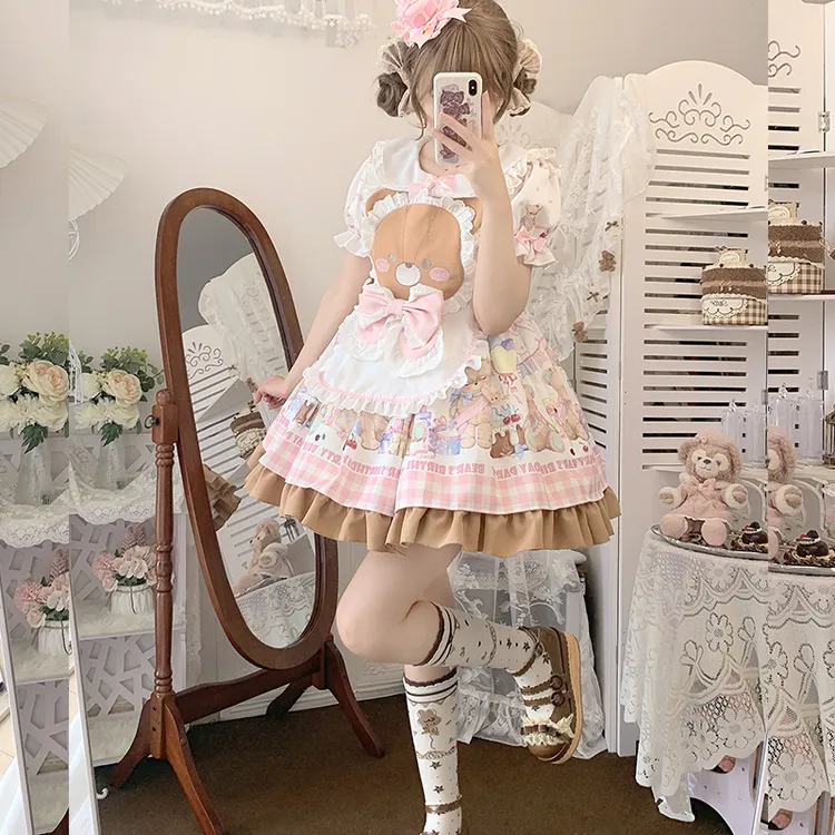 铭依记少女原创小熊生日会少女可爱洛丽塔短袖OP连衣裙