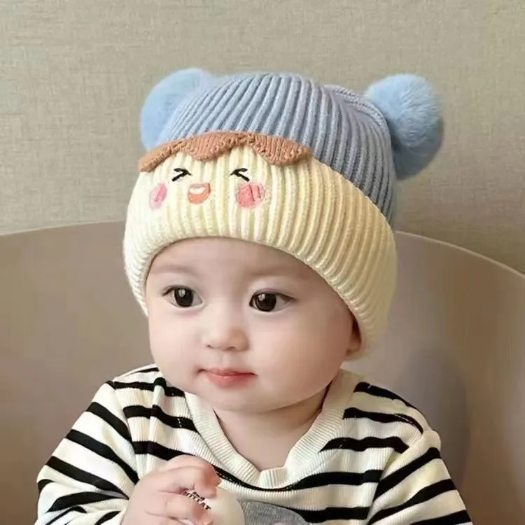 宝宝帽子秋冬季可爱毛球套头帽婴幼儿针织毛线加厚护耳男女超萌