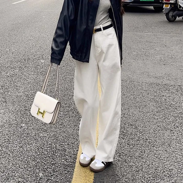2025新款韩版白色牛仔裤女高腰休闲直筒阔腿显瘦垂感拖地长裤女
