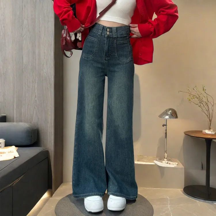 设计感腰双扣阔腿牛仔裤裤子高腰女慵懒直筒裤宽松气质垂感阔腿裤