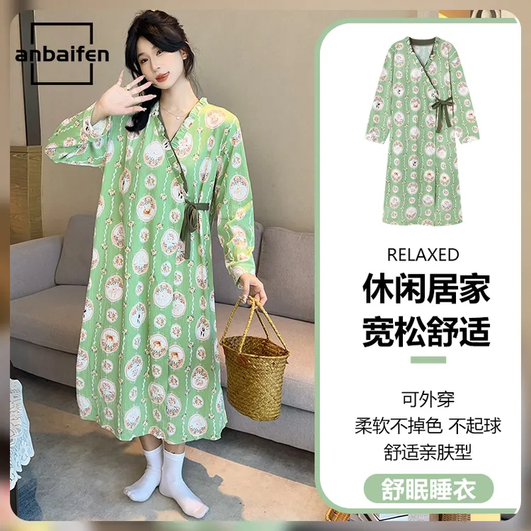 欧美风春秋款睡裙女系带长袖V领可爱圆圈动物中长款睡袍宽松大码 