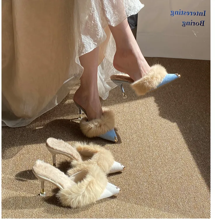 设计感小众外穿拖鞋女毛毛鞋冬细跟中跟尖头加绒高跟鞋包头半拖鞋
