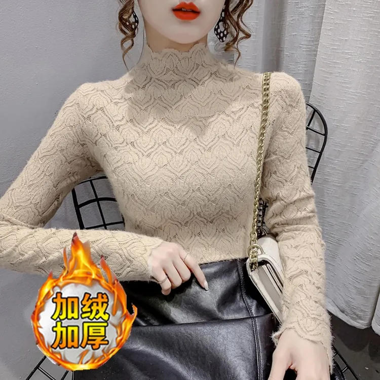 冬装新款洋派勾花蕾丝衫上衣半高领双层加绒加厚蕾丝打底衫女洋气