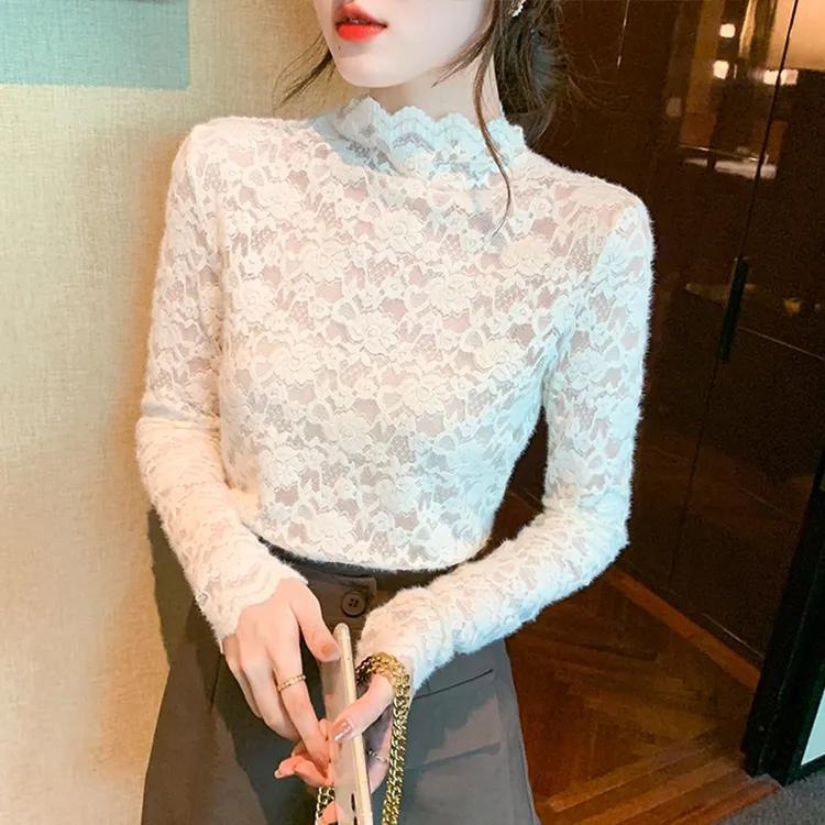半高领蕾丝衫洋气内搭女秋冬爆款磨毛打底衫加绒加厚气质长袖上衣