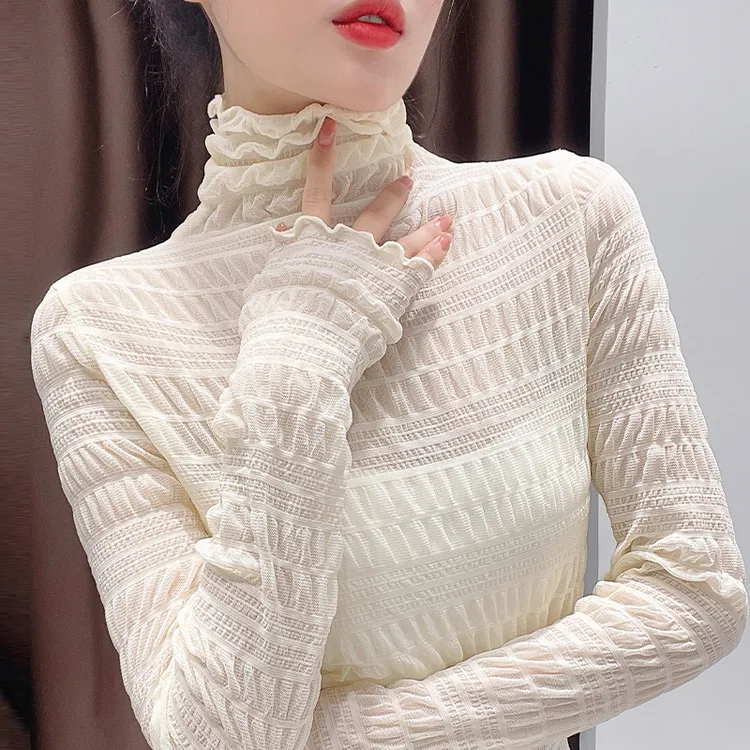 高领蕾丝打底衫女秋冬新款气质木耳边长袖内搭洋气堆堆领网纱上衣