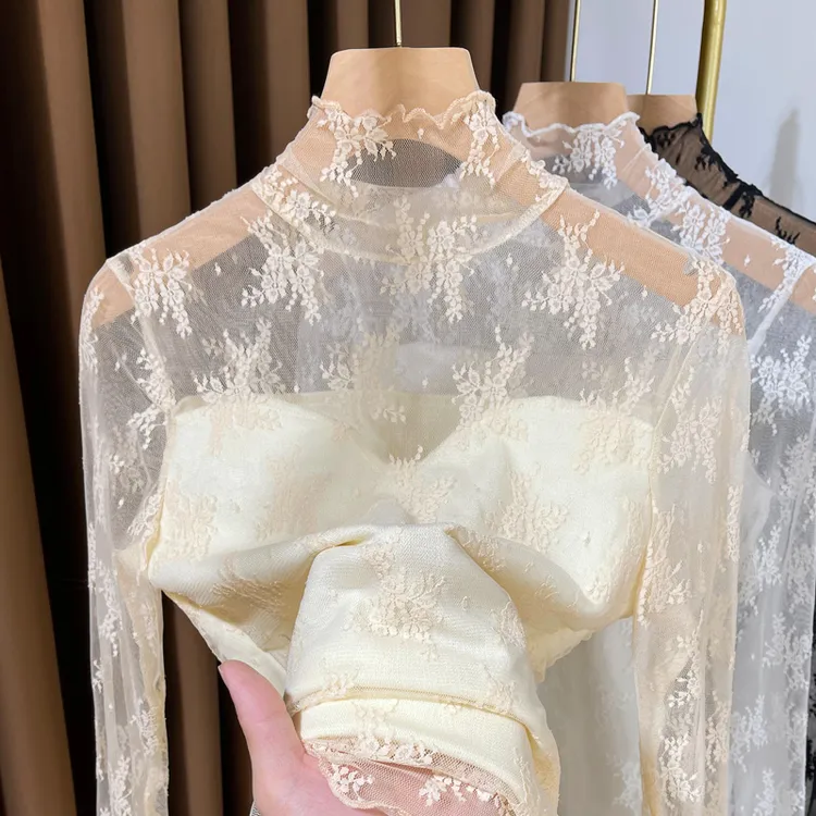 秋冬加绒蕾丝打底衫女2024新款洋气保暖加厚网纱叠穿内搭长袖小衫