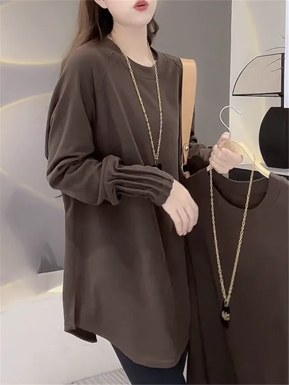 磨毛加绒中长款T恤女长袖秋冬褶皱袖设计弧形开叉遮屁股打底上衣