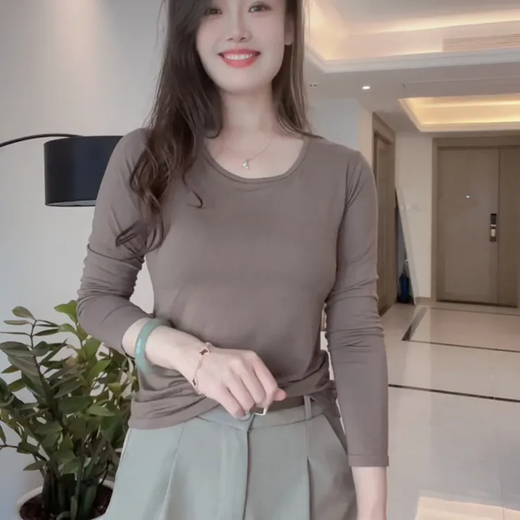 免穿文胸一体式修身固定杯秋冬打底长袖无钢圈防走光秋衣圆领内搭