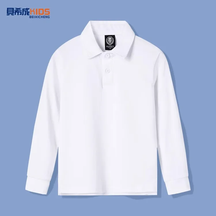 儿童白t恤男童白色polo衫女童翻领长袖体恤小学生校服打底衫
