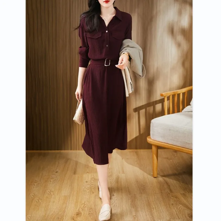 法式质优雅质感酒红色衬衫收腰裙子女25秋休闲长袖高档气质连衣裙