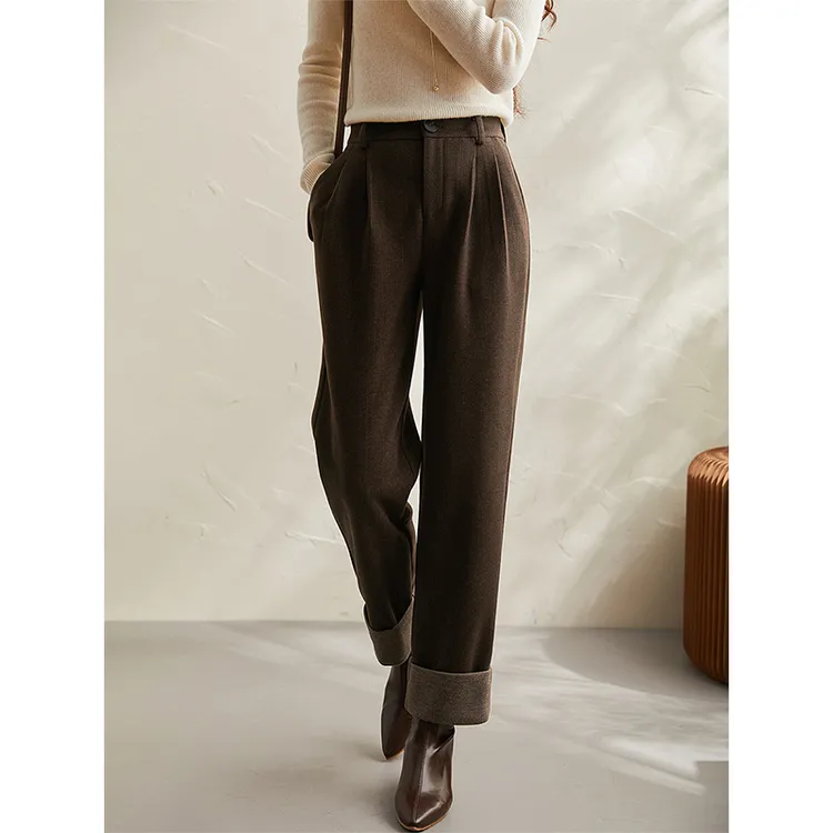 羊毛双层复合料 卷边高腰显瘦直筒西装裤女2025年秋冬微锥奶奶裤