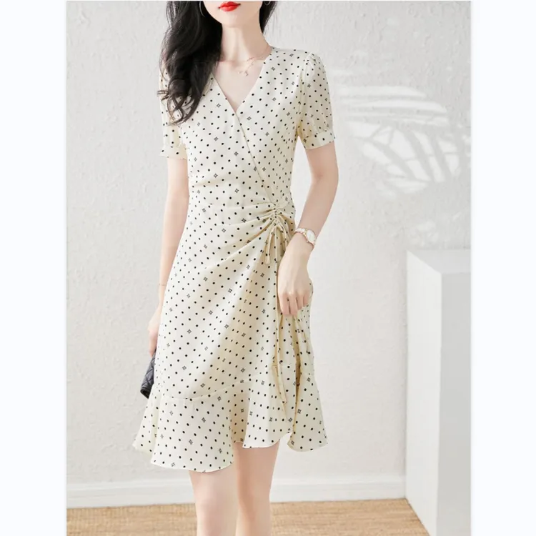 法式波点印花雪纺连衣裙女 新款褶皱收腰显瘦气质荷叶边裙子中长