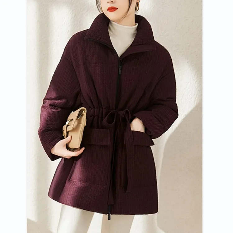 奢华鹅绒羽绒服女中长款冬季洋气泡泡纹立领收腰加厚保暖气质外套