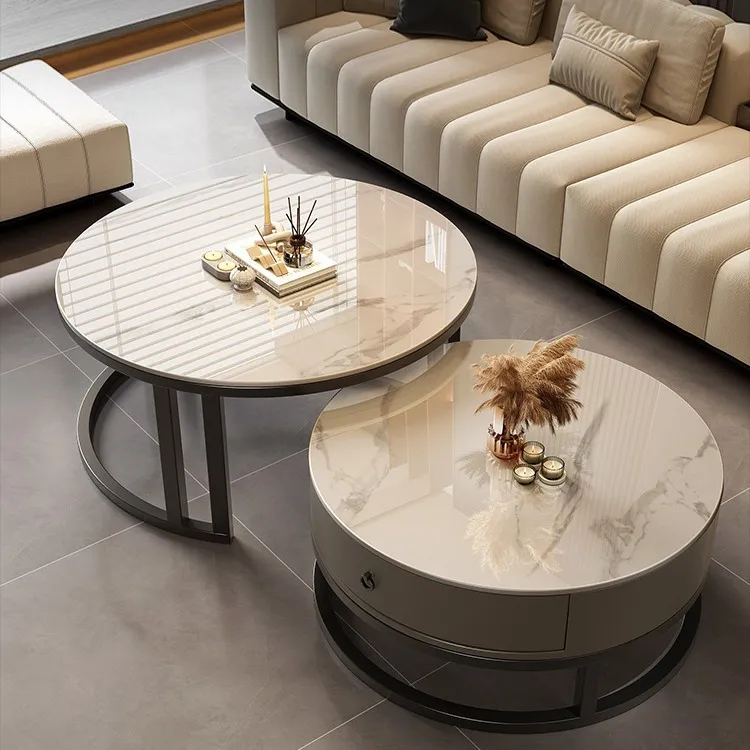 frx岩板轻奢北欧风茶几家用客厅大理石圆形岩板组合简约边几小户