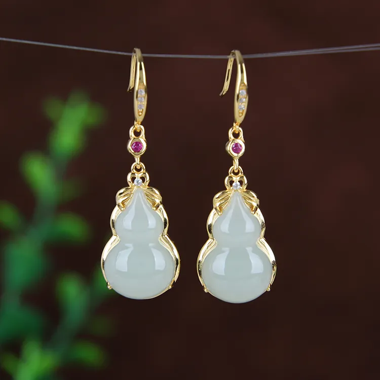 天然正品和田玉葫芦耳环女 银镶中式国风玉石耳坠 福禄双全