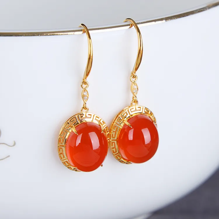 正品18K金镶天然原矿冰红耳坠女 时尚气质冰飘南红耳钩冰透起荧光