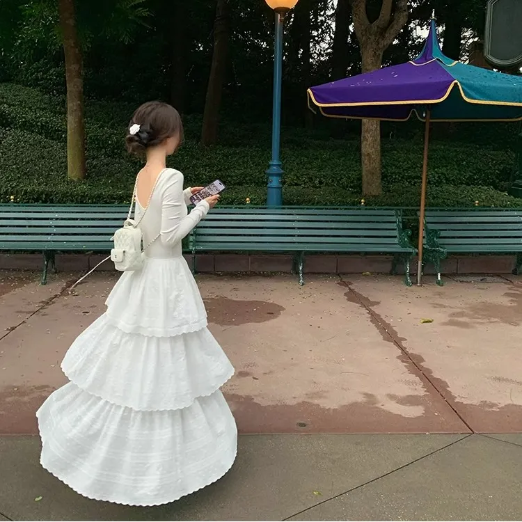 0240新款法式复古温柔风刺绣荷叶边纯棉拼接白色连衣裙长裙仙女裙