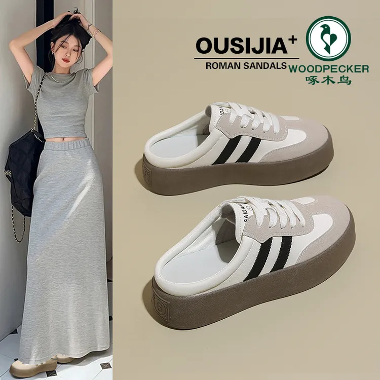 啄木鸟半拖鞋女夏季外穿2024新款超火厚底包头拖鞋懒人一脚蹬女鞋