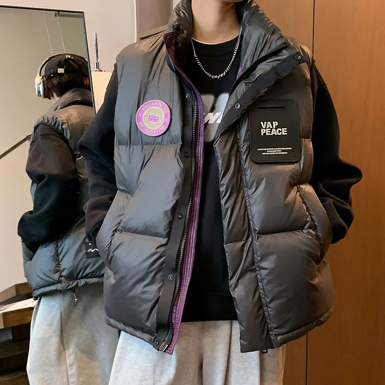 美式潮牌短款羽绒服马甲男女同款秋冬宽松加厚保暖白鸭绒坎肩外套