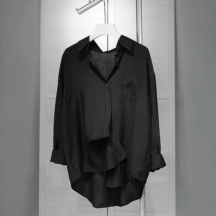 宽松衬衫女小个子薄款黑色衬衣春夏新长袖防晒外搭翻领高级上衣潮