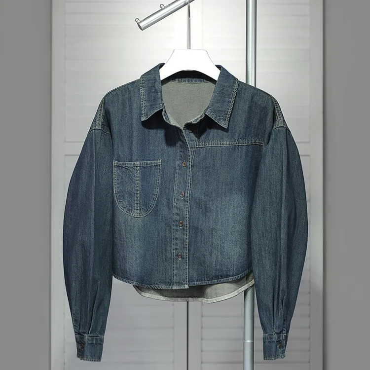 宽松短款牛仔衬衫女春秋设计感小个子纯色衬衣休闲百搭叠穿上衣潮