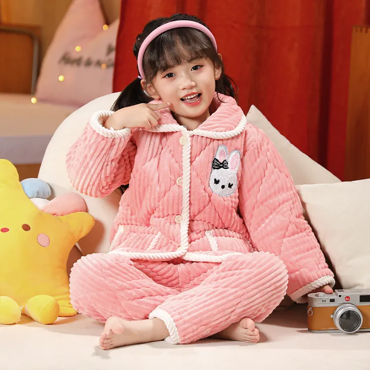 【现货】儿童睡衣三层夹棉加厚款男童女童法兰绒小孩冬家居服套装