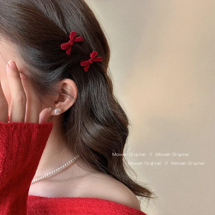 新年红色植绒蝴蝶结公主头发夹女前额刘海夹边夹可爱甜美过年发卡