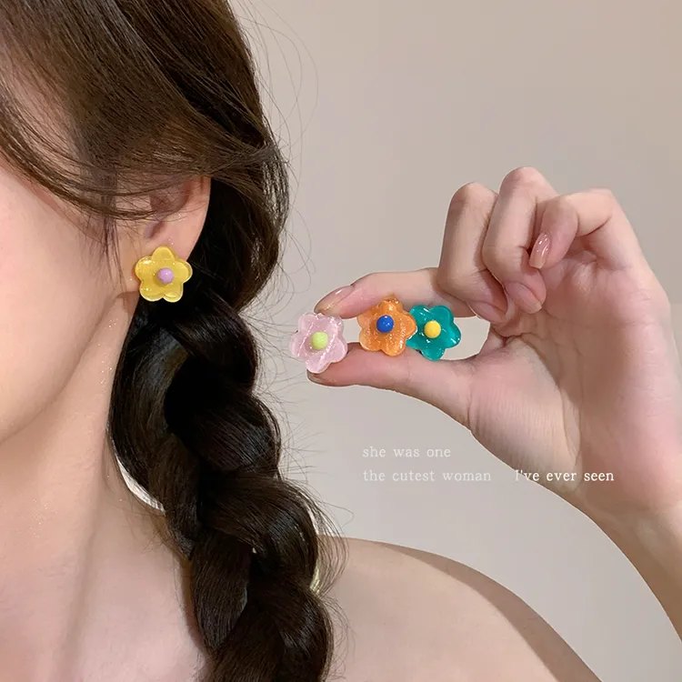 非金属树脂耳饰 彩色花朵耳夹无耳洞耳饰2025新款y2k甜美耳环耳钉