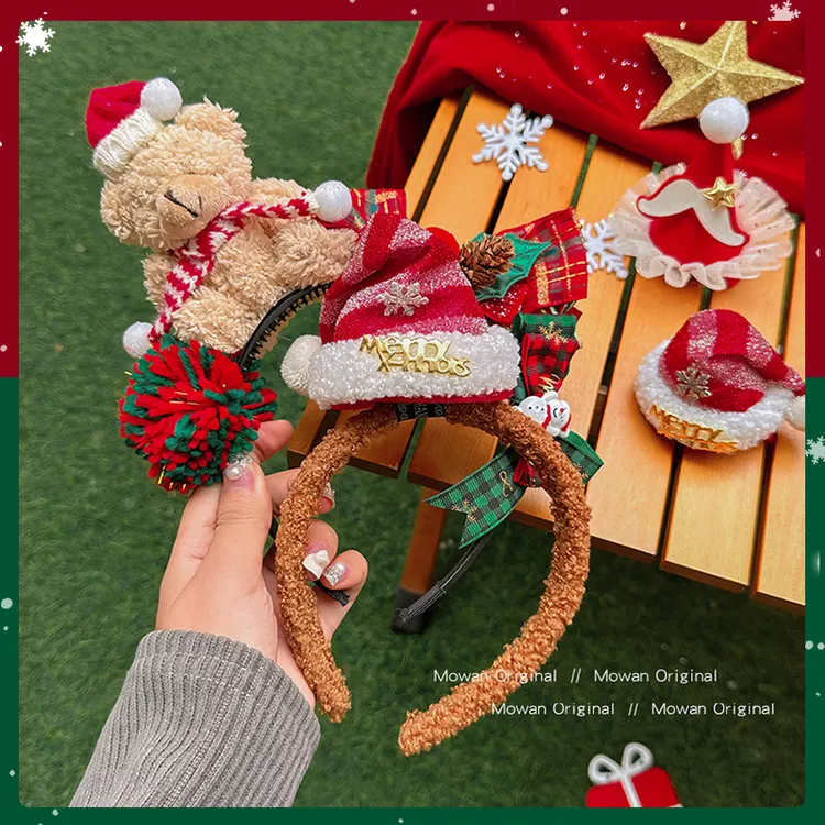 圣诞节头饰蝴蝶结发卡可爱帽子发夹拍照道具毛绒发箍头饰配饰秋冬