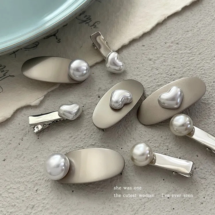 椭圆金属珠珠爱心发卡侧边刘海发夹女前额鸭嘴夹子头饰精致小边夹