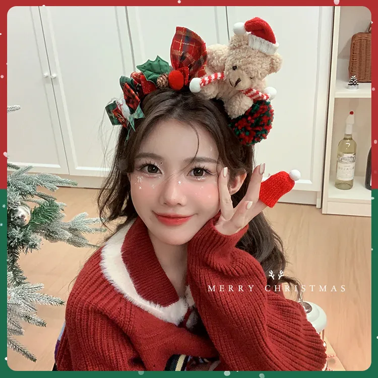 圣诞节头饰发箍女秋冬毛绒卡通小熊防滑压发头箍节日派对拍照发饰