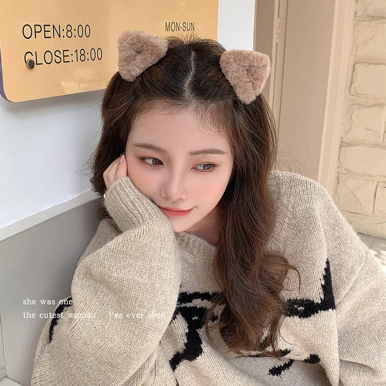 可爱毛绒猫耳朵发卡秋冬毛茸茸小抓夹女前额刘海发夹头饰侧边夹子