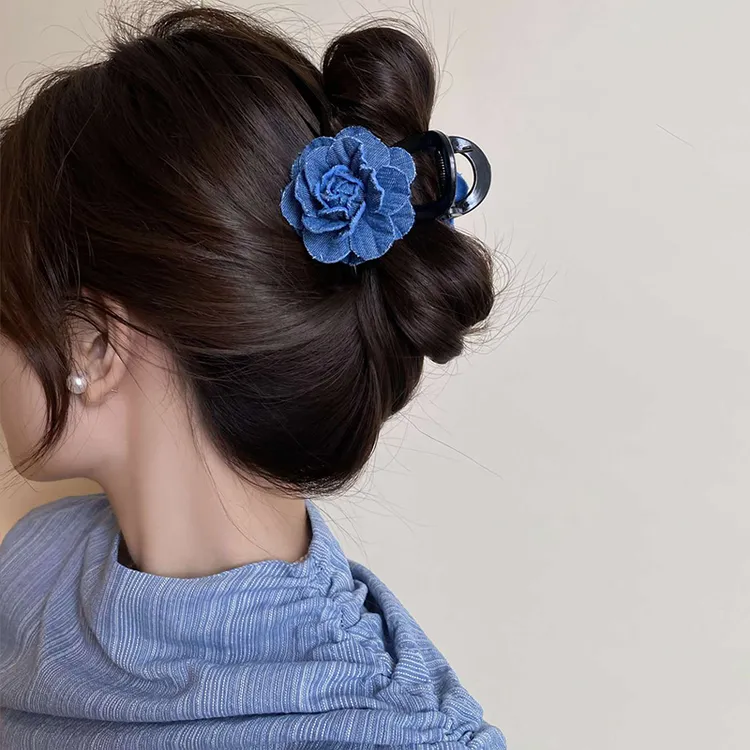 蓝色牛仔花朵抓夹女时尚大号高级感新款后脑勺夹子盘头发卡发饰品