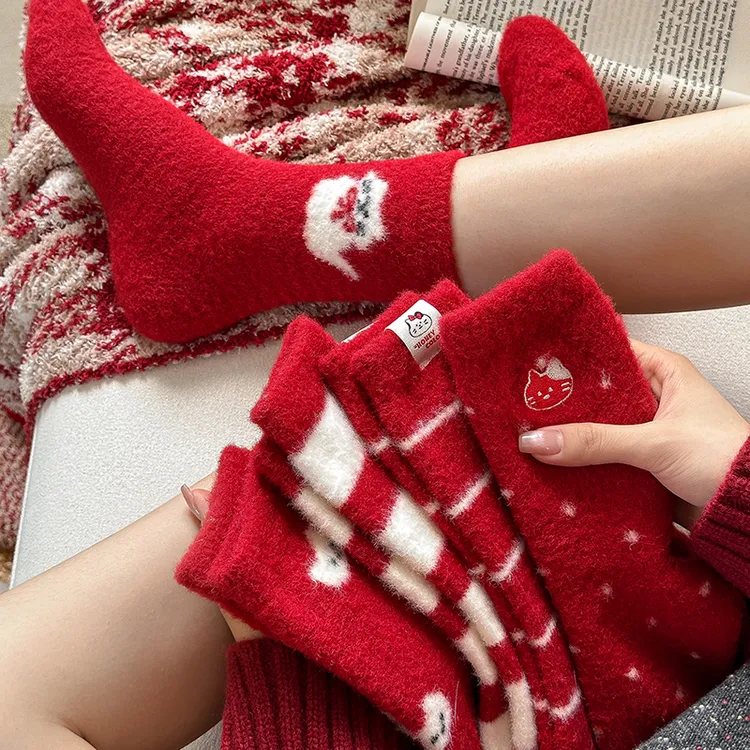 澳绒红袜子女款秋冬季加绒加厚保暖睡眠袜大红色本命年毛绒地板袜