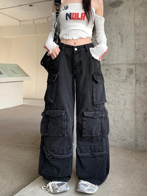 【明星同款】多口袋黑灰牛仔裤工装重工水洗拖地裤跳舞阔腿裤8851