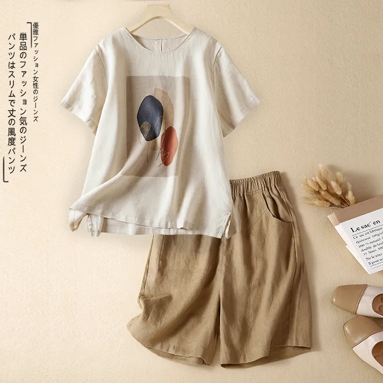 大码夏装女士休闲亚麻套装2023年新款中年妈妈亚麻短袖短裤两件套