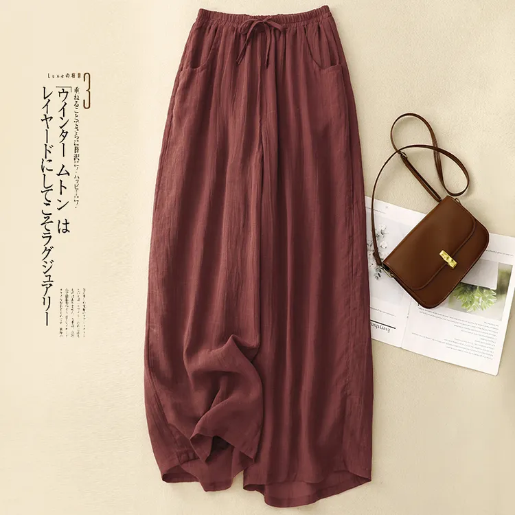 大码2024夏季新款女士棉麻文艺复古休闲裤双层高腰小个子阔腿裤女