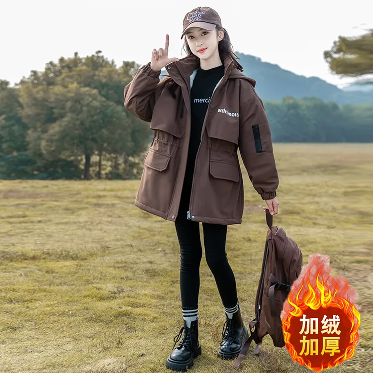女童加绒外套秋冬款2024新款洋气儿童大童加厚冬季棉服派克服上衣