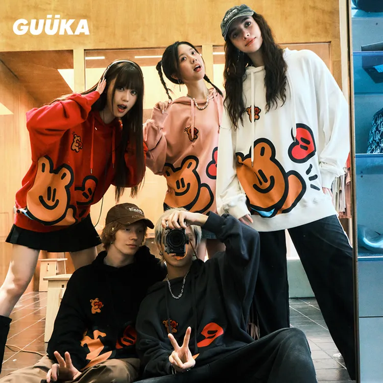 GUUKA&Agaho联名情侣连帽卫衣重磅纯棉小熊刺绣连帽衫W4740-W4744