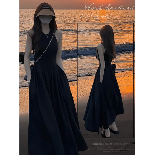 黑色连衣裙2025新款女裙子背心吊带夏季法式无袖长裙赫本风小个子