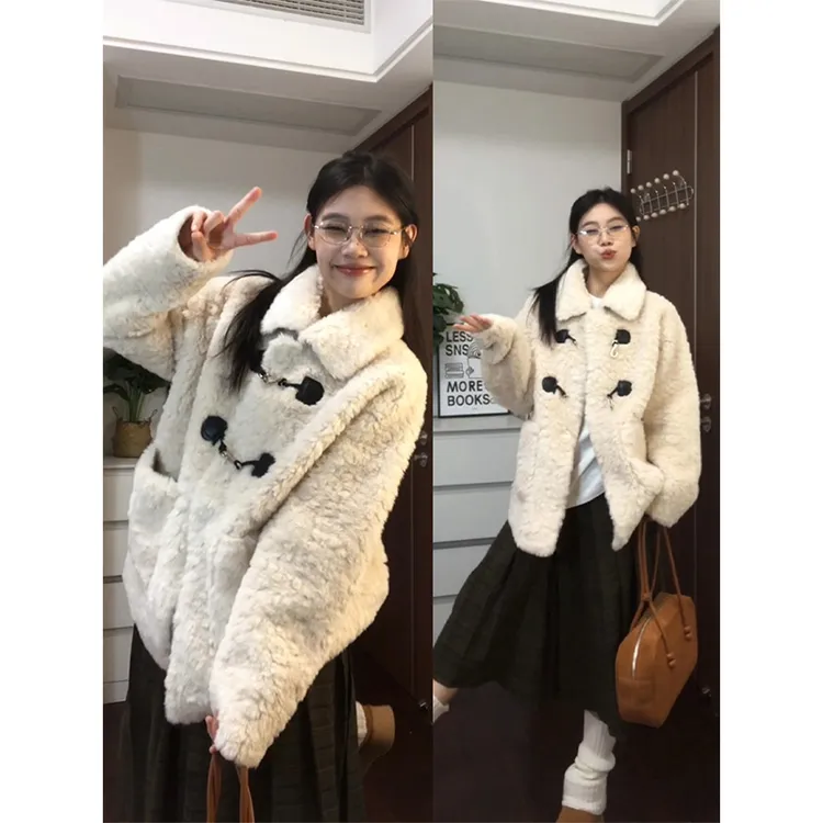 咖色毛毛外套女秋冬季加绒韩系小香风穿搭牛角扣兔毛绒绒羊羔绒厚