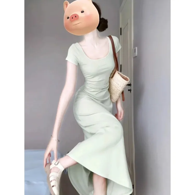 绿色修身连衣裙夏季沙滩裙女收腰长裙夏季连衣裙过膝夏天连衣裙