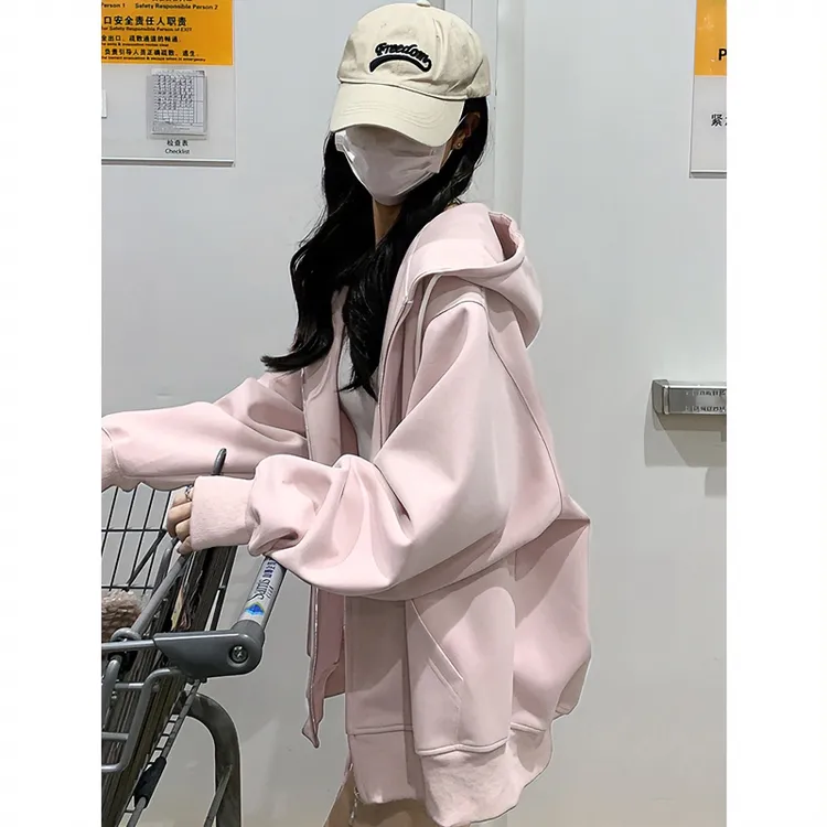 粉色连帽卫衣秋季薄款外套女2025新款慵懒风小个子开衫秋季穿搭