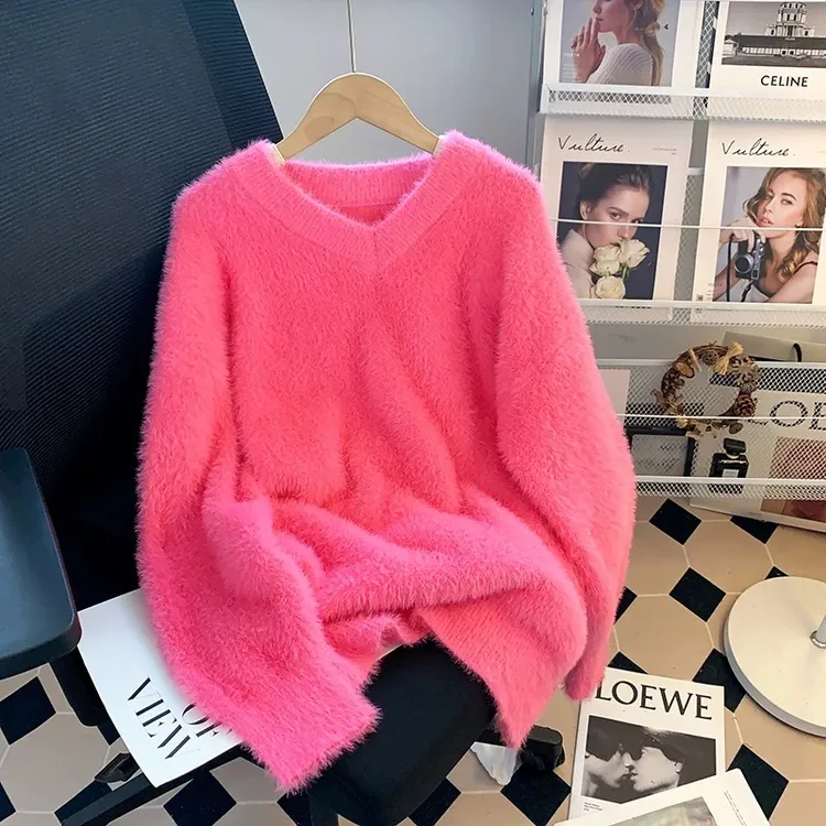 温柔软糯网红绒毛衣女秋冬加厚宽松慵懒风上衣V领外穿绝美针织衫